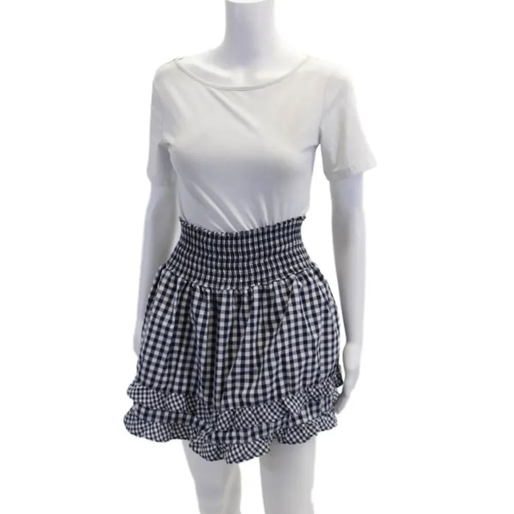 Peixoto Women's Smocked Waist Ruffle Unlined Ruffle Mini Check Skirt S